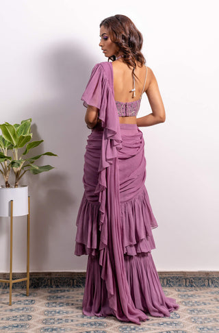 Silky Bindra-Purple Frill Pre-Draped Saree With Blouse-INDIASPOPUP.COM