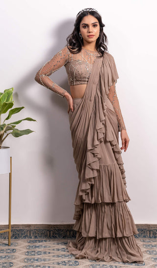Silky Bindra-Mouse Brown Frill Pre-Draped Saree With Blouse-INDIASPOPUP.COM