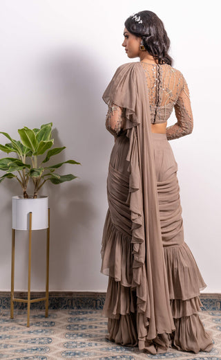Silky Bindra-Mouse Brown Frill Pre-Draped Saree With Blouse-INDIASPOPUP.COM