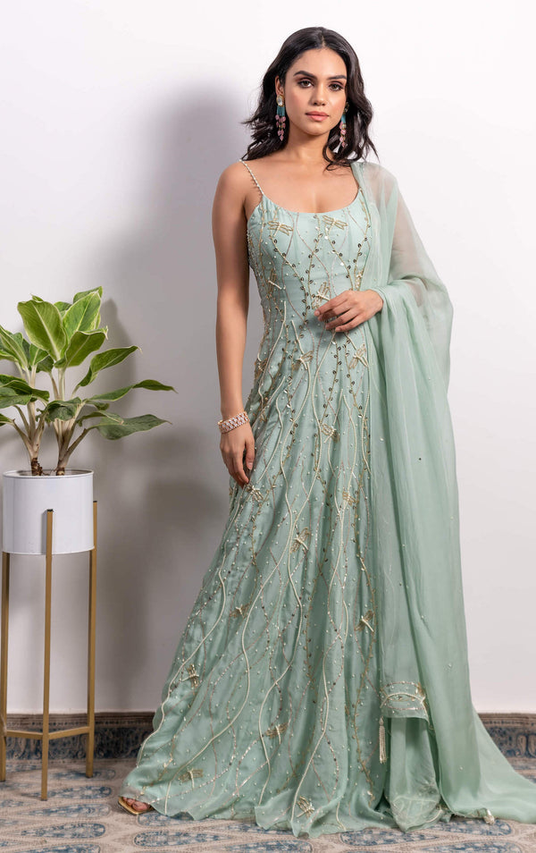 Silky Bindra-Mint Green Embroidered Anarkali With Dupatta-INDIASPOPUP.COM