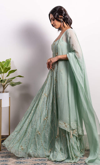Silky Bindra-Mint Green Embroidered Anarkali With Dupatta-INDIASPOPUP.COM