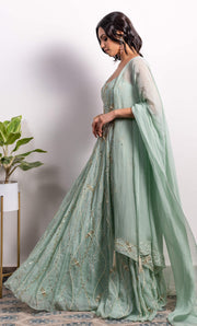 Silky Bindra-Mint Green Embroidered Anarkali With Dupatta-INDIASPOPUP.COM