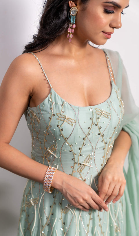 Silky Bindra-Mint Green Embroidered Anarkali With Dupatta-INDIASPOPUP.COM
