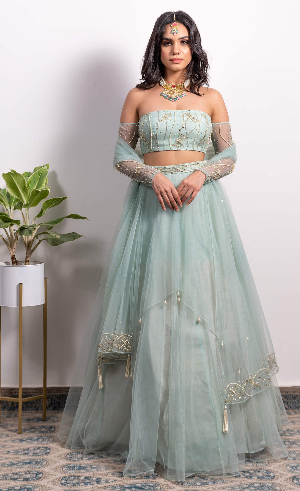 Silky Bindra | Mint Green Embroidered Lehenga Set | INDIASPOPUP.COM