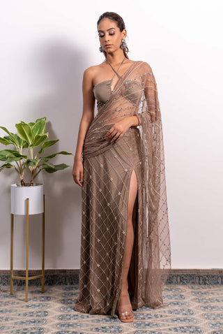 Silky Bindra-Brown High Slit Embroidered Saree With Blouse-INDIASPOPUP.COM