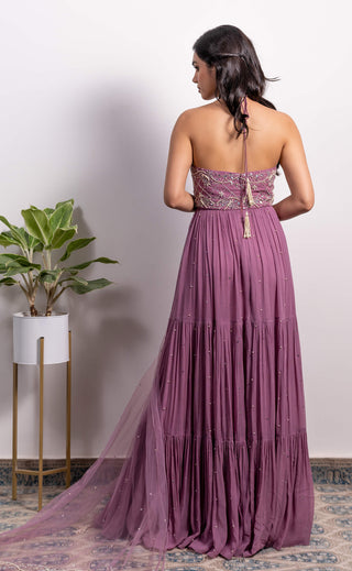 Silky Bindra-Purple Halter Neck Anarkali With Dupatta-INDIASPOPUP.COM