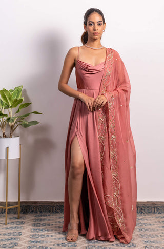 Silky Bindra-Dusty Pink Cowl Neck Anarkali With Dupatta-INDIASPOPUP.COM