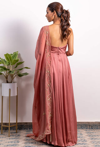 Silky Bindra-Dusty Pink Cowl Neck Anarkali With Dupatta-INDIASPOPUP.COM