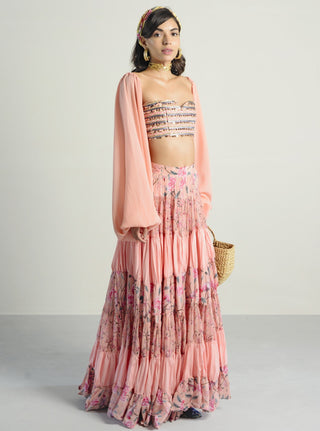 Rishi & Vibhuti-Peach Layered Gathered Skirt Set-INDIASPOPUP.COM