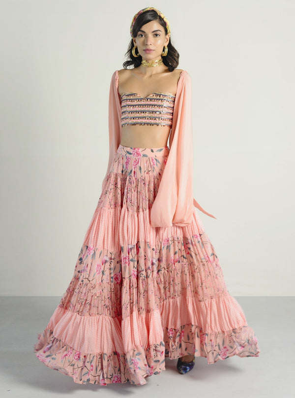 Rishi & Vibhuti-Peach Layered Gathered Skirt Set-INDIASPOPUP.COM