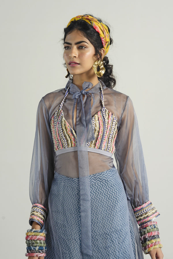 Rishi & Vibhuti-Grey Blouse With Pants & Cape-INDIASPOPUP.COM