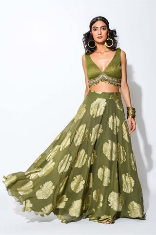 Rishi & Vibhuti-Olive Green Circular Skirt With Blouse-INDIASPOPUP.COM