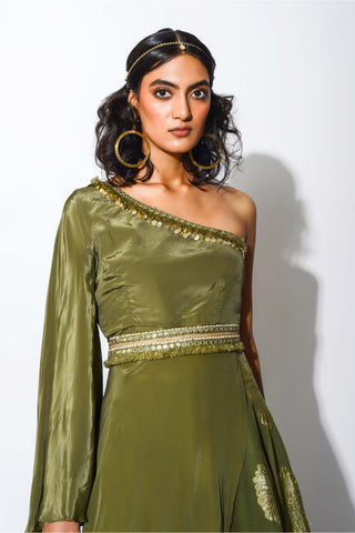 Rishi & Vibhuti-Olive One Shoulder Kurta With Skirt-INDIASPOPUP.COM