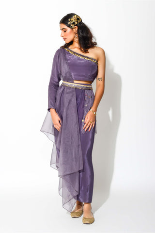 Rishi & Vibhuti-Mauve Drape Skirt With Blouse And Side Cape-INDIASPOPUP.COM