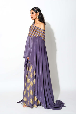 Rishi & Vibhuti-Smokey Mauve Skirt With Off-Shoulder Drape-INDIASPOPUP.COM