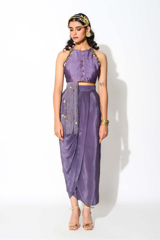 Rishi & Vibhuti-Mauve Drape Skirt With Crop Top-INDIASPOPUP.COM