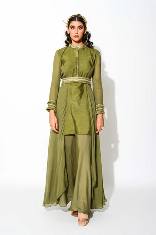 Rishi & Vibhuti-Olive Embellished Tunic Kurta With Pant And Belt-INDIASPOPUP.COM
