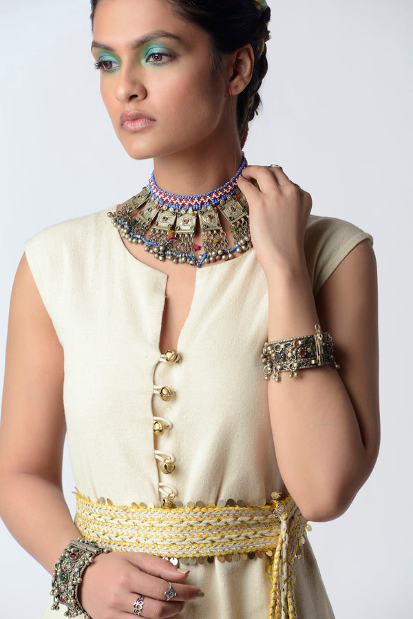 Rishi & Vibhuti-Ivory & Yellow Dafodil Shift Dress-INDIASPOPUP.COM