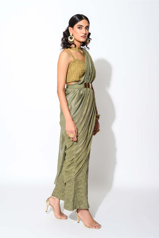 Rishi & Vibhuti-Olive And Gold Pre Stitched Saree Set-INDIASPOPUP.COM
