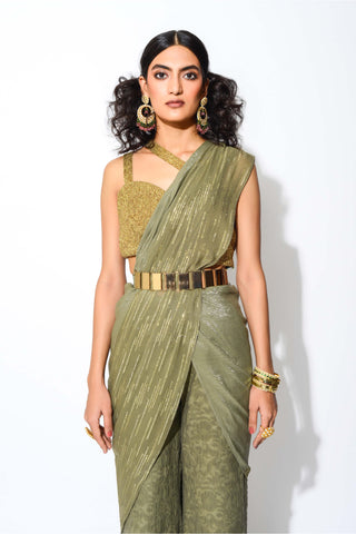 Rishi & Vibhuti-Olive And Gold Pre Stitched Saree Set-INDIASPOPUP.COM