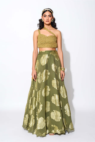 Rishi & Vibhuti-Olive Gold Circular Skirt With Blouse And Belt-INDIASPOPUP.COM