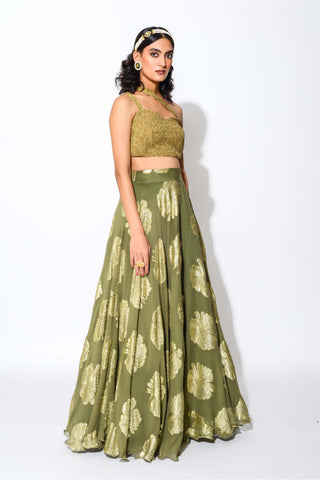 Rishi & Vibhuti-Olive And Gold Circular Skirt And Blouse-INDIASPOPUP.COM