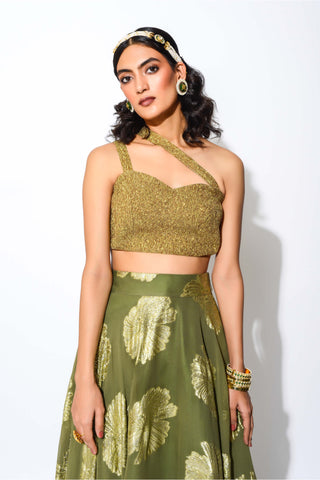 Rishi & Vibhuti-Olive And Gold Circular Skirt And Blouse-INDIASPOPUP.COM