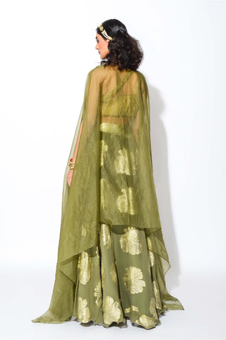 Rishi & Vibhuti-Olive Gold Circular Skirt With Blouse And Belt-INDIASPOPUP.COM