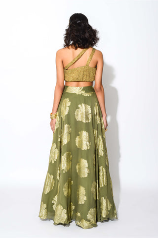 Rishi & Vibhuti-Olive Gold Circular Skirt With Blouse And Belt-INDIASPOPUP.COM