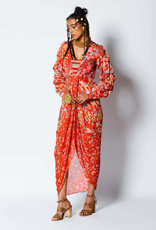 Rishi & Vibhuti-Red Drape Dress-INDIASPOPUP.COM