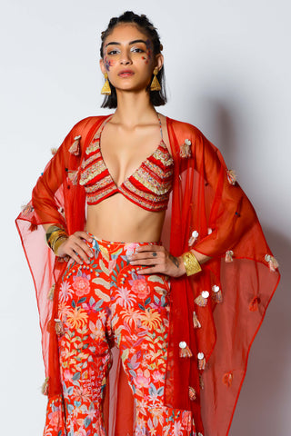 Rishi & Vibhuti-Red Bralette, Pant And Cape-INDIASPOPUP.COM