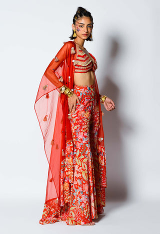 Rishi & Vibhuti-Red Bralette, Pant And Cape-INDIASPOPUP.COM