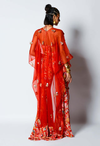 Rishi & Vibhuti-Red Bralette, Pant And Cape-INDIASPOPUP.COM