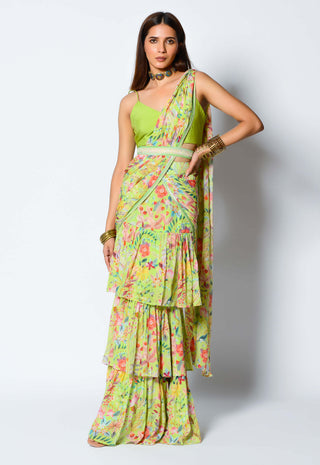 Rishi & Vibhuti-Lime Green Drape Saree With Blouse And Belt-INDIASPOPUP.COM