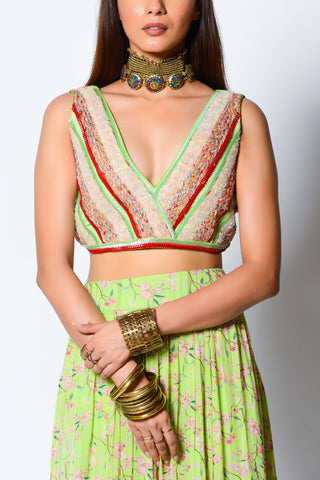 Rishi & Vibhuti-Lime Green Blouse And Skirt-INDIASPOPUP.COM