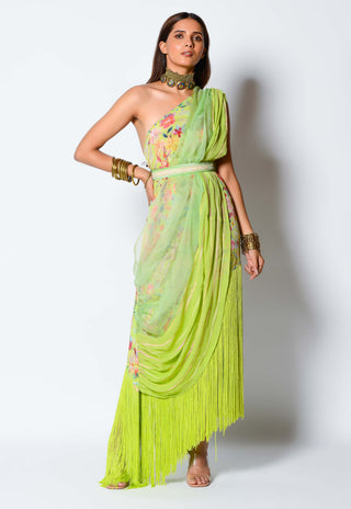 Rishi & Vibhuti-Lime Green Drape Dress With Belt-INDIASPOPUP.COM