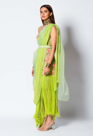 Rishi & Vibhuti-Lime Green Drape Dress With Belt-INDIASPOPUP.COM