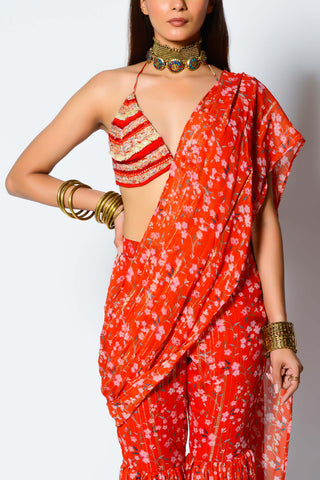 Rishi & Vibhuti-Red Bralette And Pant Saree With Drape-INDIASPOPUP.COM