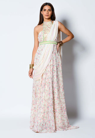 Rishi & Vibhuti-Ivory Halter Neck Draped Dress With Belt-INDIASPOPUP.COM