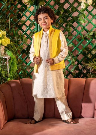 Littleens-Yellow Nehru Jacket With Cream Kurta And Trouser-INDIASPOPUP.COM