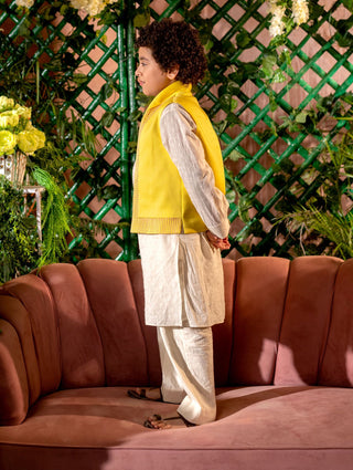 Littleens-Yellow Nehru Jacket With Cream Kurta And Trouser-INDIASPOPUP.COM