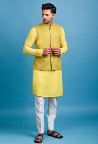 Chatenya Mittal-Yellow Embroidered Nehru Jacket With Kurta Set-INDIASPOPUP.COM