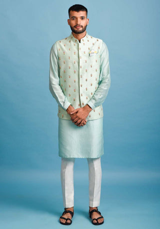 Chatenya Mittal-Green Embroidered Nehru Jacket With Kurta Set-INDIASPOPUP.COM