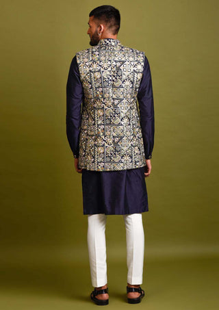 Chatenya Mittal-Navy Blue Bundi Jacket With Kurta Set-INDIASPOPUP.COM