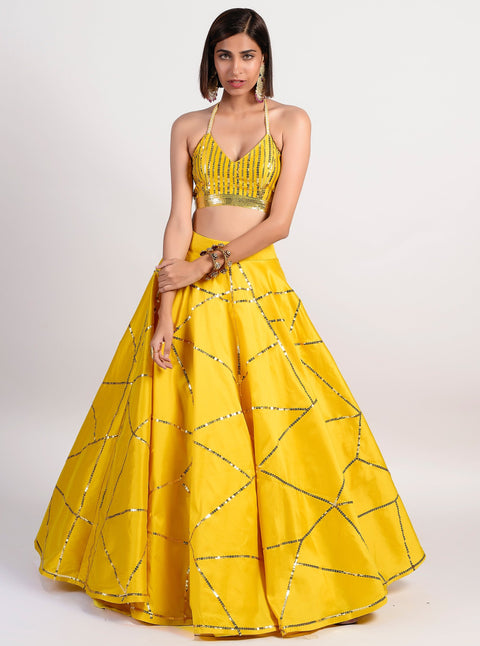 Rishi & Vibhuti-Ochre Embellished Lehenga Set-INDIASPOPUP.COM