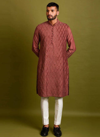 Chatenya Mittal-Maroon Cotton Silk Kurta With Pant-INDIASPOPUP.COM