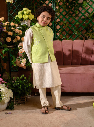 Littleens-Green Nehru Jacket With Cream Kurta And Trouser-INDIASPOPUP.COM
