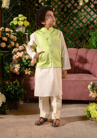 Littleens-Green Nehru Jacket With Cream Kurta And Trouser-INDIASPOPUP.COM