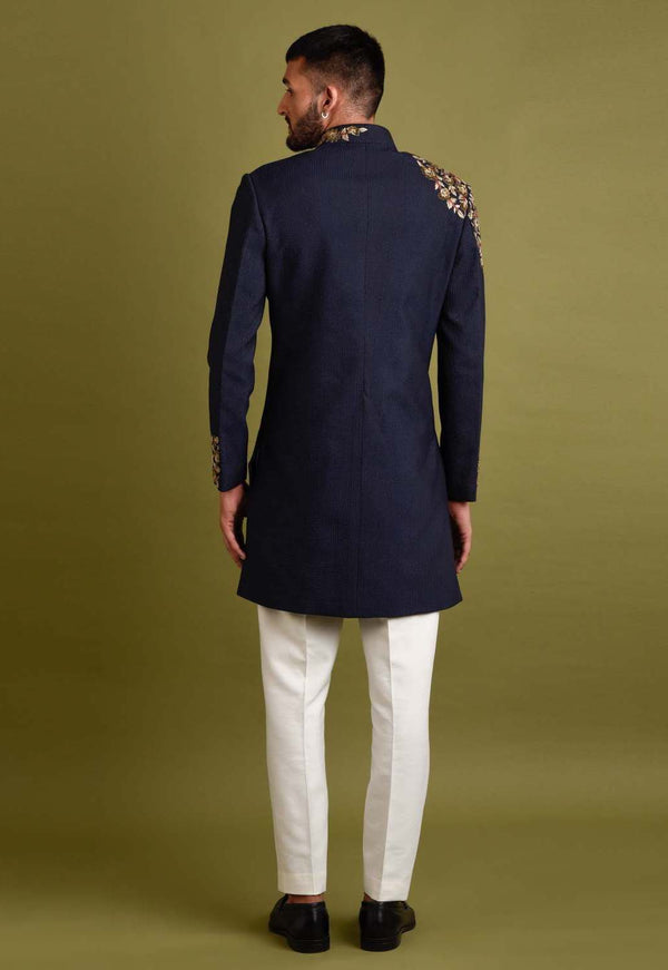 Chatenya Mittal-Navy Blue Embroidered Achkan Jacket Set-INDIASPOPUP.COM