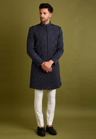 Chatenya Mittal-Black Blue Embroidered Achkan Jacket Set-INDIASPOPUP.COM